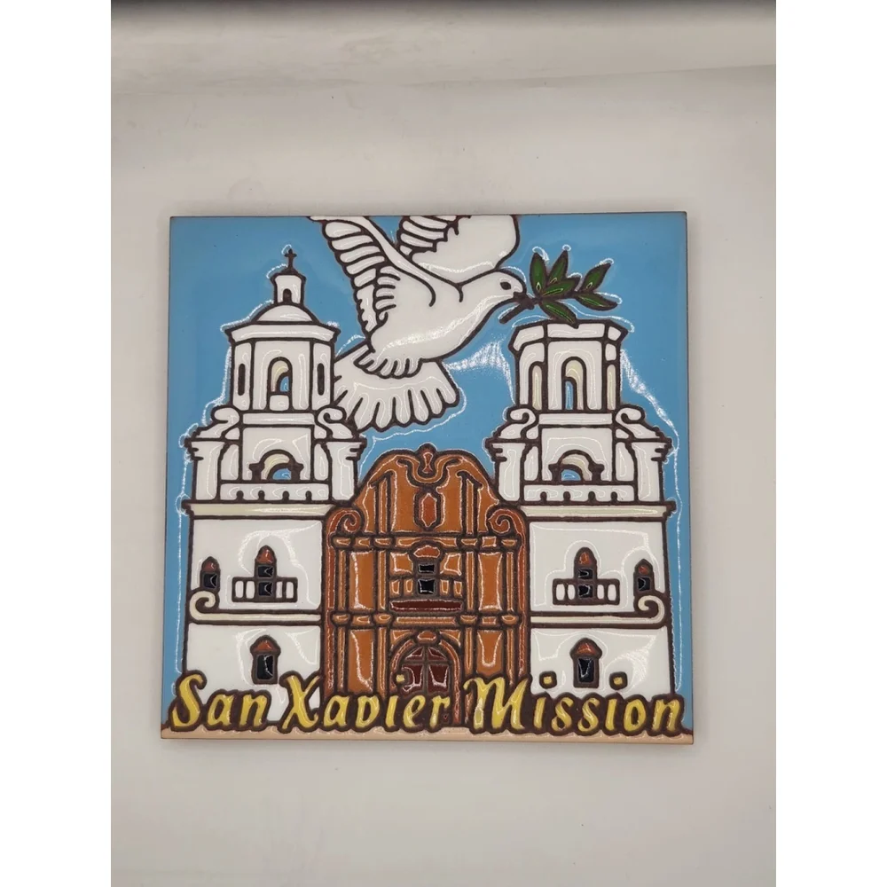 San Xavier Mission Signed Decorative Blue/White 6x6in Wall Tile New